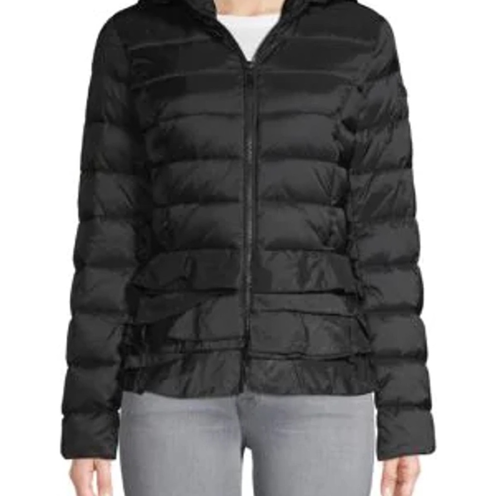 Tahari Women's Black Zoey Ruffle Puffer Jacket